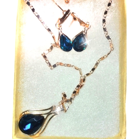 Necklace Set Cyan Blue Cubic Zirconia Rose Gold - Picture 5 of 15